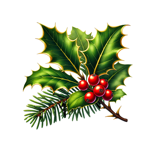 Festive Holly Branch with Pine and Red Berries | Christmas Decoration Illustration