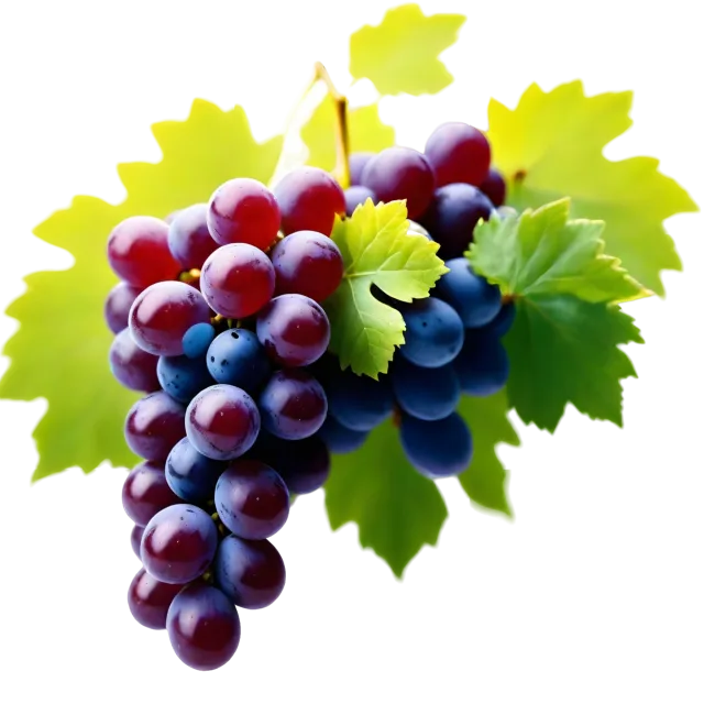Bunch of purple grapes with bright green vine leaves on a transparent background