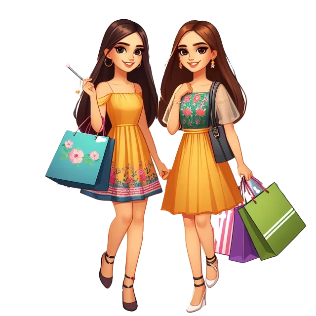 Two illustrated women in bright dresses holding colorful shopping bags on a transparent background