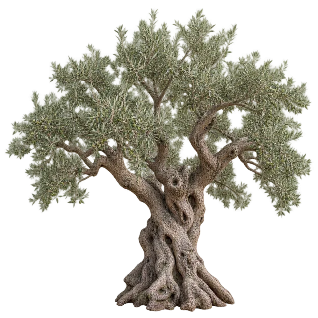 Olive tree with a gnarled hollow-looking trunk and silvery green foliage