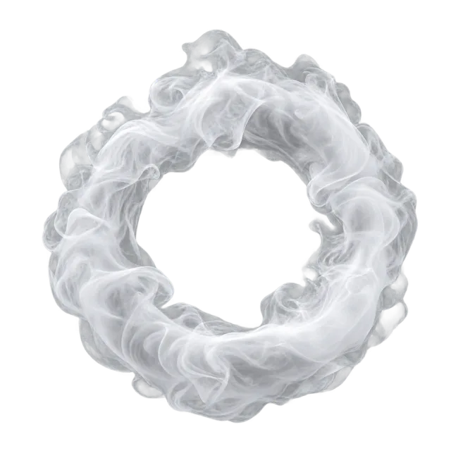 Thick circular ring of white smoke with curling folds around an open center