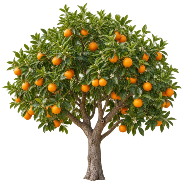 Leafy orange tree with a rounded canopy dotted with ripe orange fruit