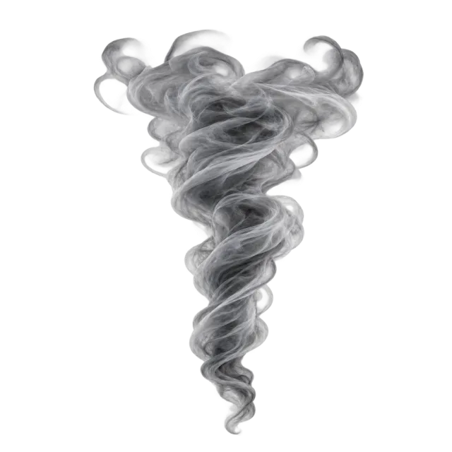 Spiraling gray smoke funnel with a wide curled top and narrow pointed base