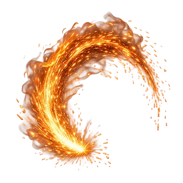 Sweeping arc of bright golden sparks with smoky wisps and trailing particles