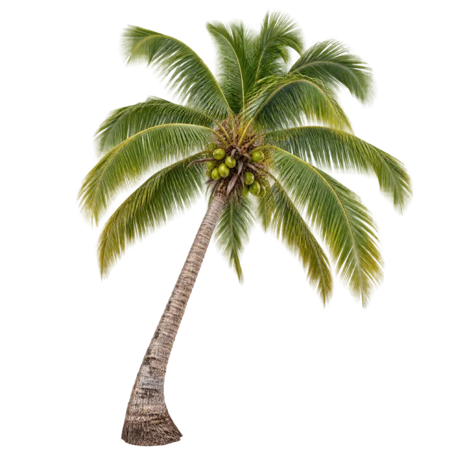 Leaning palm tree with a curved textured trunk, green fronds and a small coconut cluster
