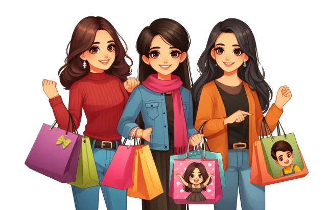 Three cartoon women standing together with bright shopping bags on a transparent background