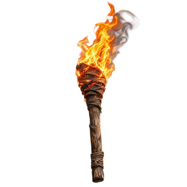 Wooden torch with a wrapped head, bright orange flames and curling gray smoke