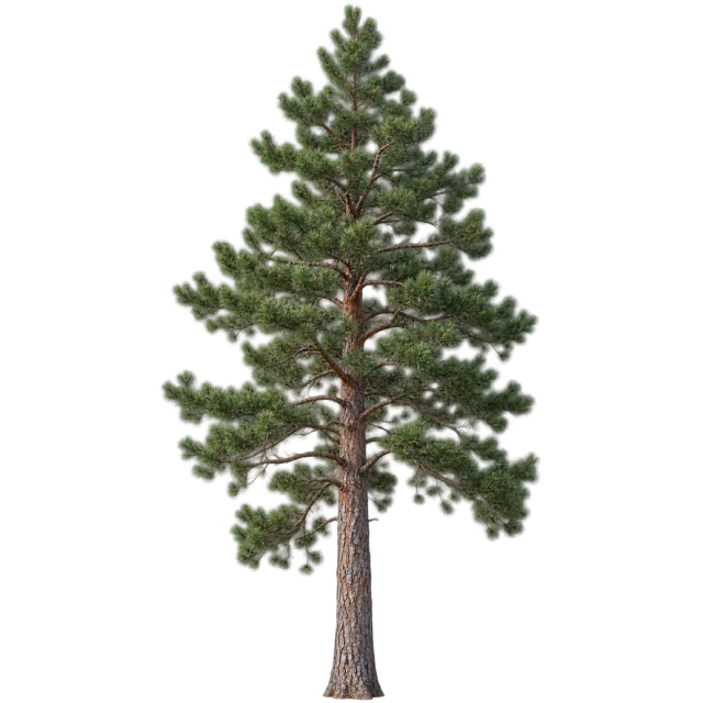 Upright pine tree with a long textured trunk and layered green needle-covered branches