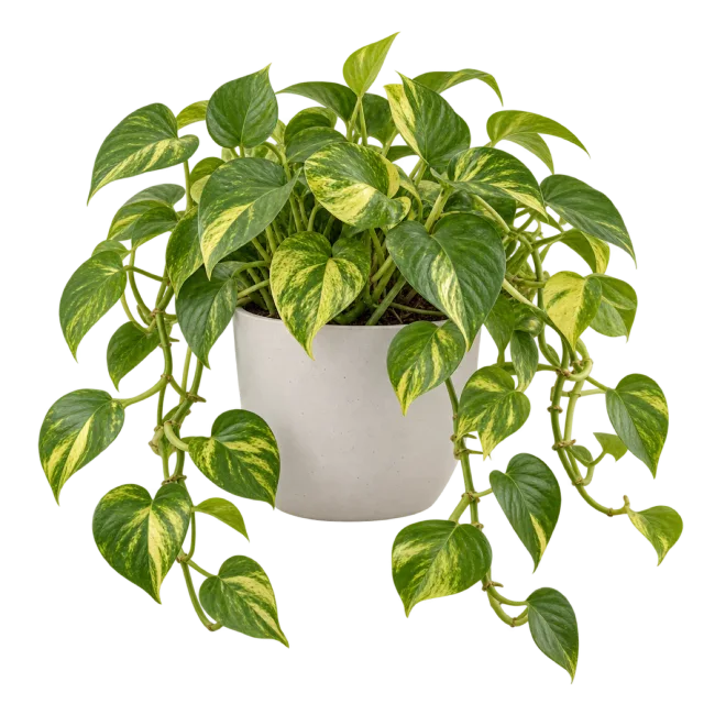 Pothos with green and yellow variegated leaves trailing from a pale pot