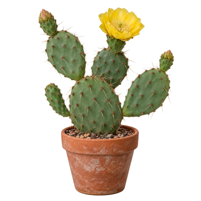 Prickly pear cactus with flat green pads and a yellow flower in a terracotta pot