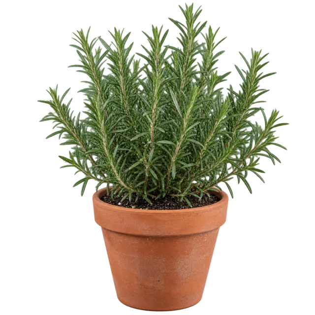 Upright rosemary plant with many narrow green leaves in a terracotta pot