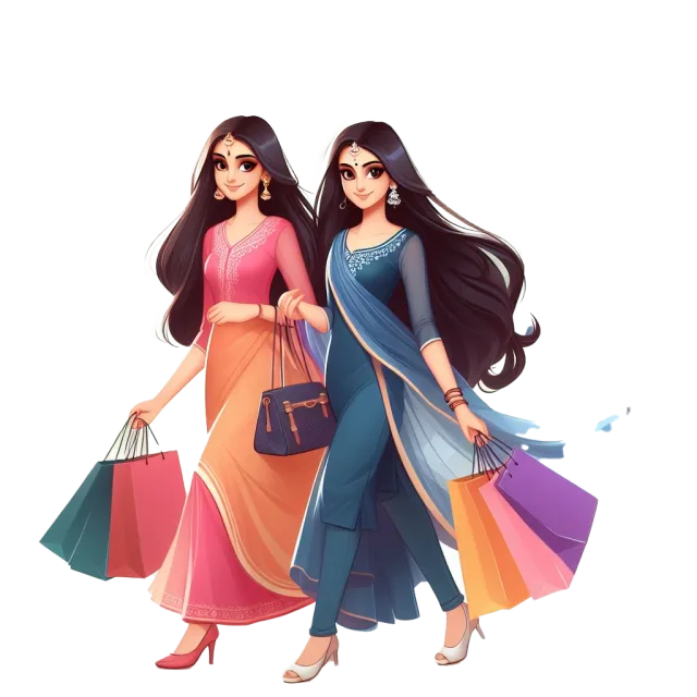 Illustration of two women in coordinated colorful outfits with shopping bags on a transparent background
