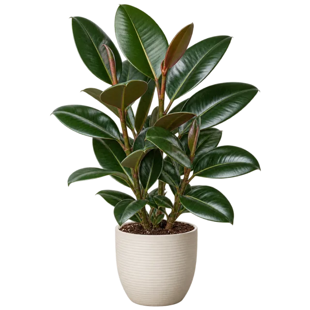 Rubber plant with broad glossy dark green leaves and reddish new growth in a cream pot