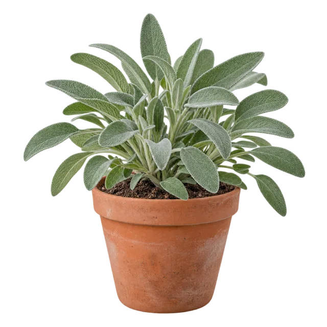 Sage plant with soft-looking gray-green leaves in a terracotta pot