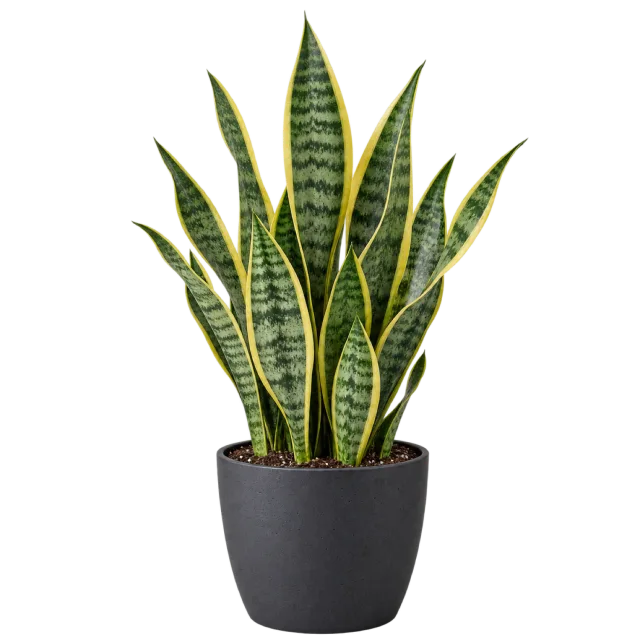 Upright sword-shaped green leaves with yellow edges growing in a black pot