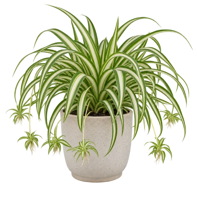 Spider plant with arching green and cream striped leaves and hanging plantlets in a pale pot