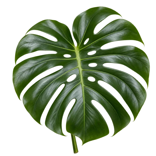 Single broad glossy green monstera leaf with deep splits and oval openings