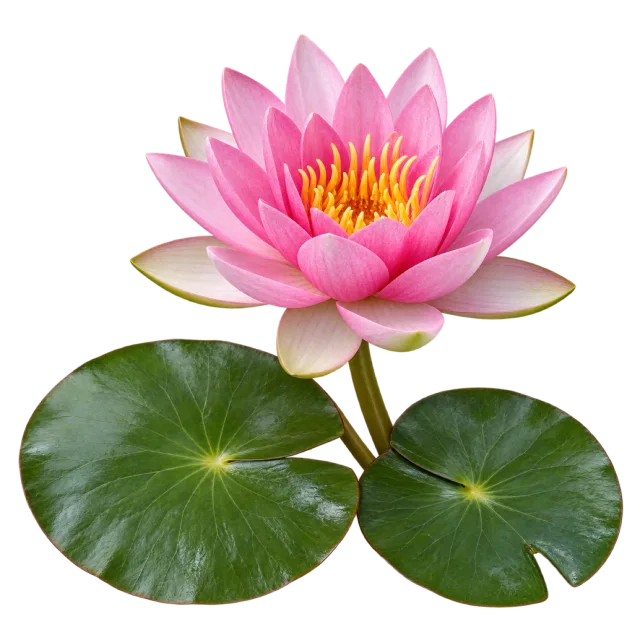 Open pink water lily with a yellow center above two rounded green lily pads