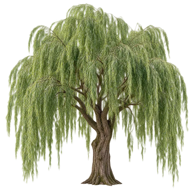 Large willow tree with long drooping green branches around a thick trunk