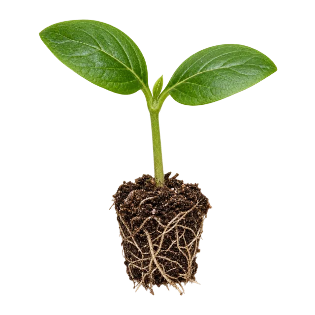 Young green seedling with two broad leaves above a soil plug threaded with pale roots