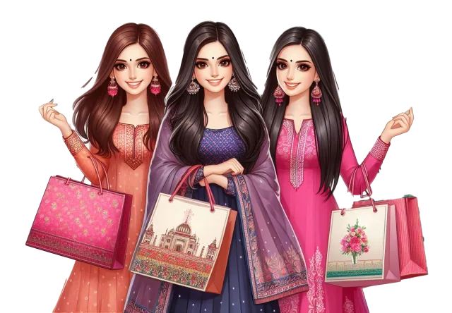 Illustration of three long-haired women carrying decorated shopping bags on a transparent background