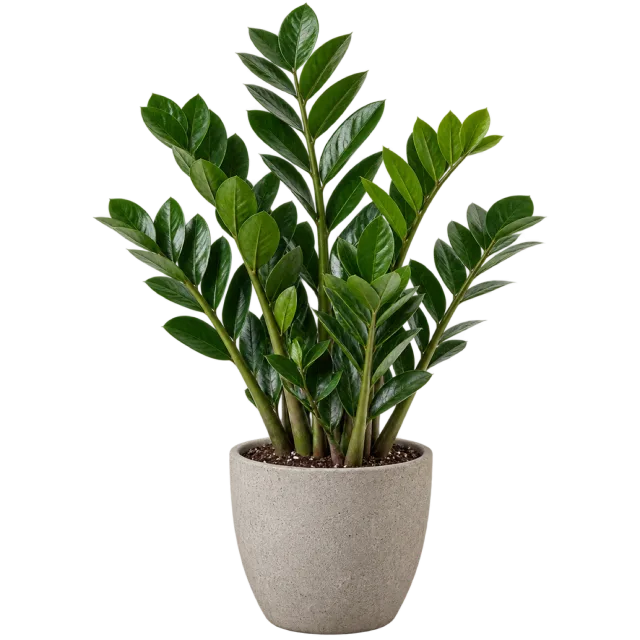 Upright ZZ plant with glossy oval green leaflets on arching stems in a beige pot