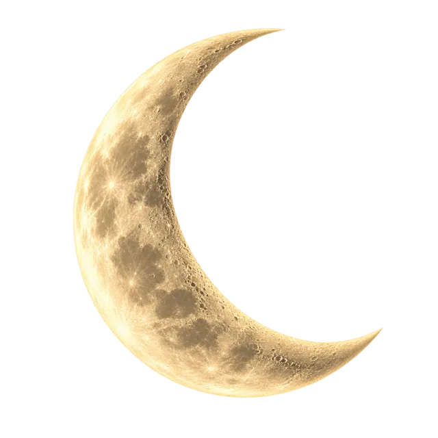 Golden crescent moon with a cratered surface and softly glowing edges