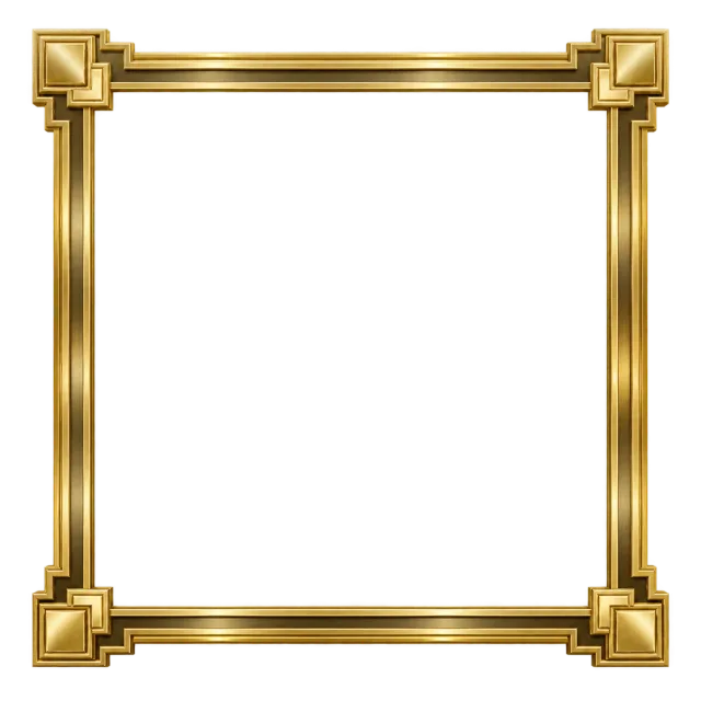 Square gold frame with stepped geometric corners and parallel metallic edges