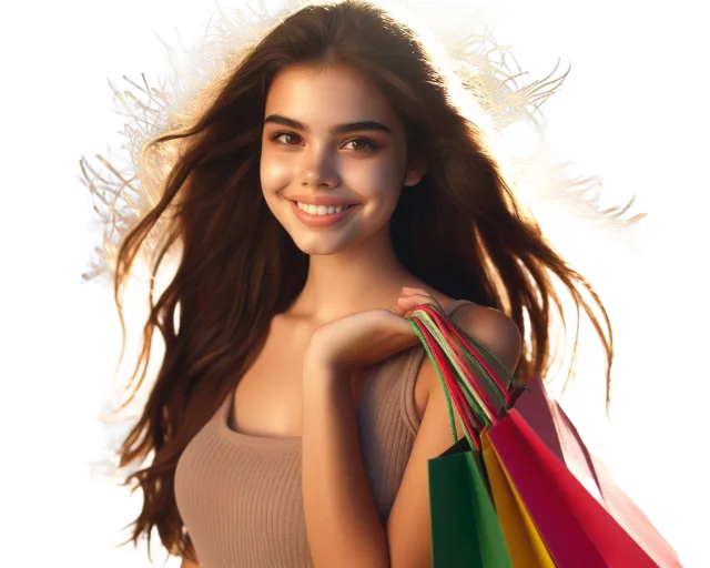 Smiling woman with long wavy hair carrying bright pink shopping bags on a transparent background