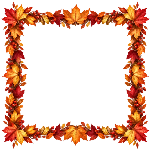 Square border of red, orange and golden leaves with an open center