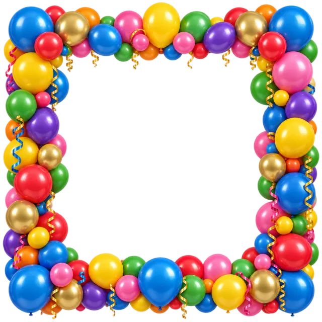 Square border packed with colorful balloons and curled ribbons