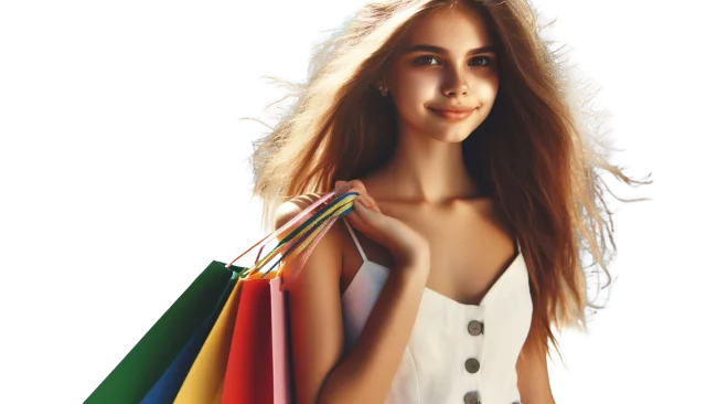 Woman in a white top with long flowing hair and colorful shopping bags on a transparent background