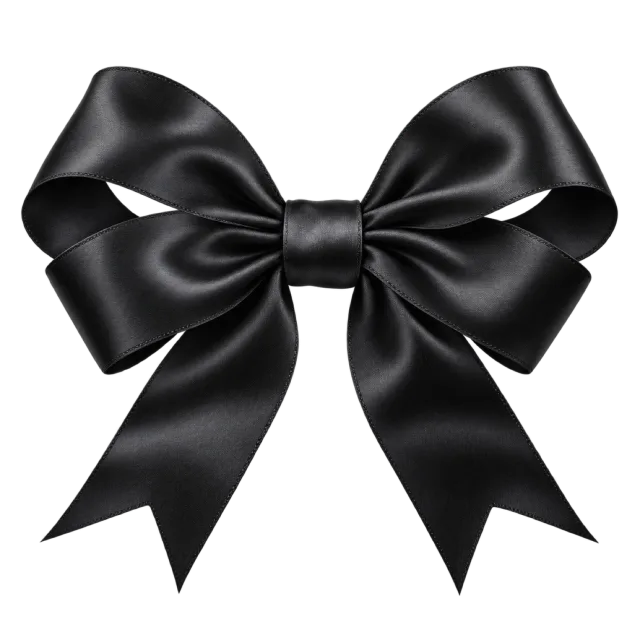 Black satin-style bow with glossy folded loops and two pointed tails