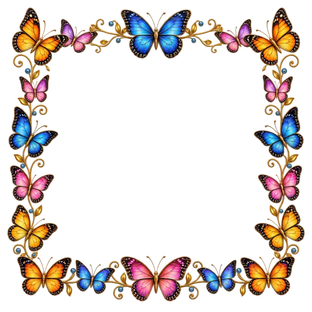 Square border of blue, yellow and pink butterflies linked by delicate decorative stems