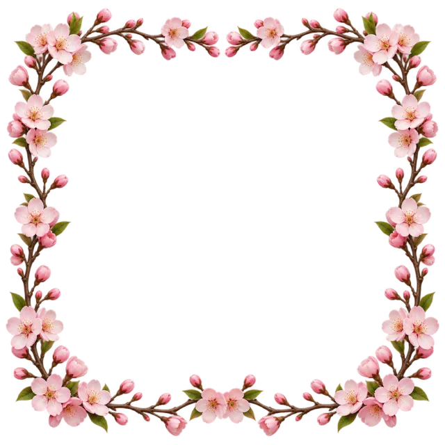 Delicate square border of pink blossoms on slender leafy branches