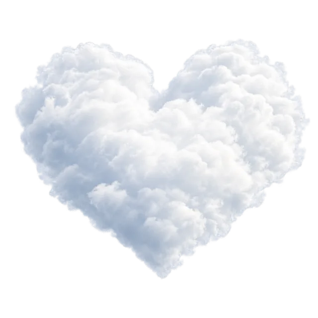 White heart-shaped cloud with soft blue shadows and rounded billows