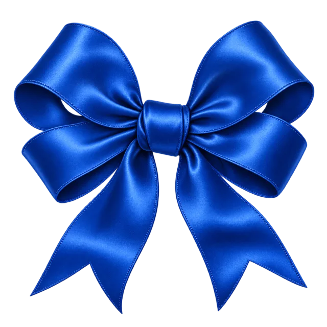 Royal blue satin-style bow with broad glossy loops and notched tails
