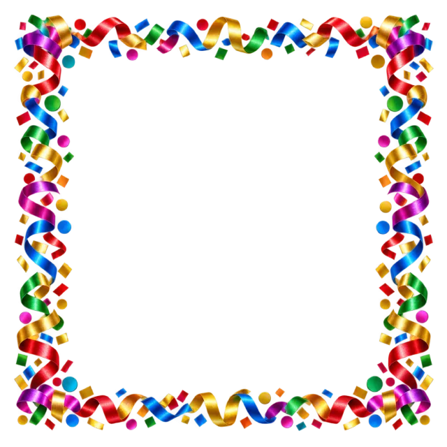 Square border of curled multicolored ribbons and scattered confetti pieces