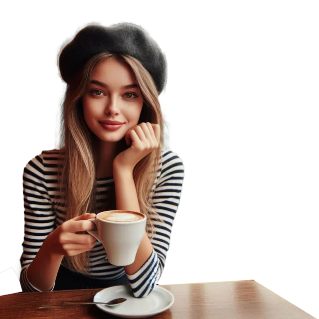 Woman wearing a black beret and striped top holding a white coffee cup on a transparent background