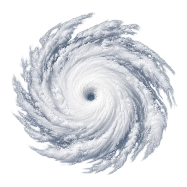 Top-view spiral cloud formation with curved bands around a dark central eye
