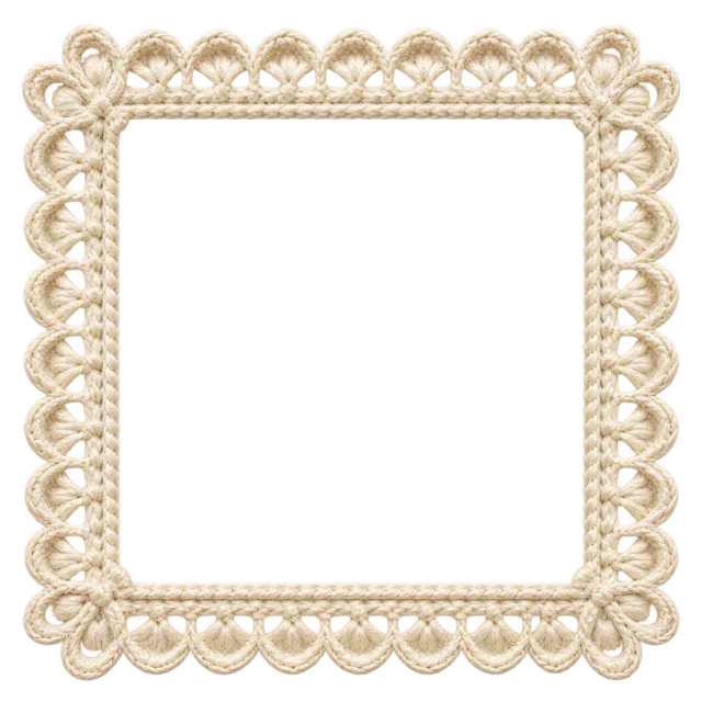 Square cream crochet-style border with looping scalloped edges