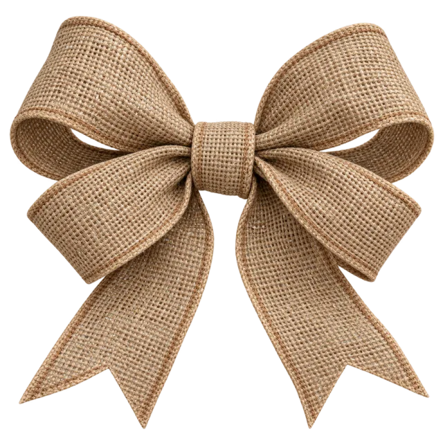 Beige burlap-style bow with a coarse woven texture and notched tails