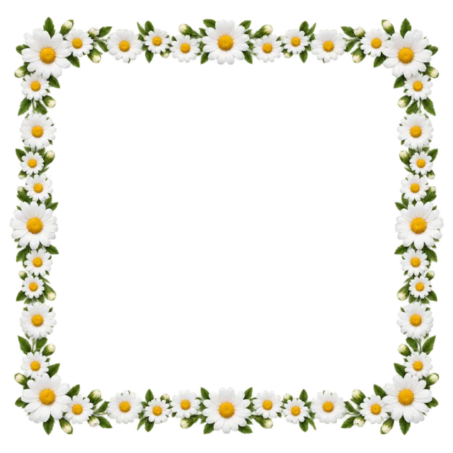 Square border of small white daisies with yellow centers and green leaves