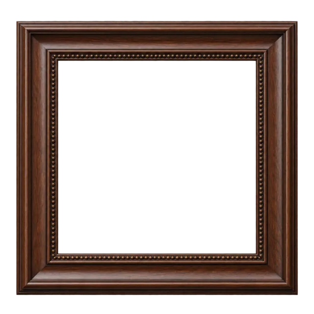 Square dark brown frame with layered wood molding and beaded inner trim