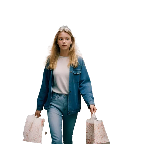 Full-length woman in a teal suit holding a pale shopping bag in each hand on a transparent background