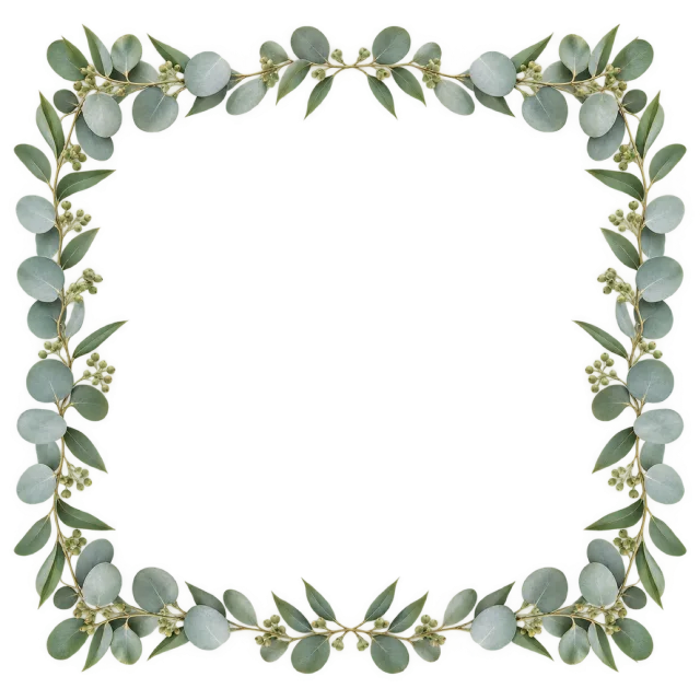 Square border of dusty green round eucalyptus leaves and smaller leafy sprigs