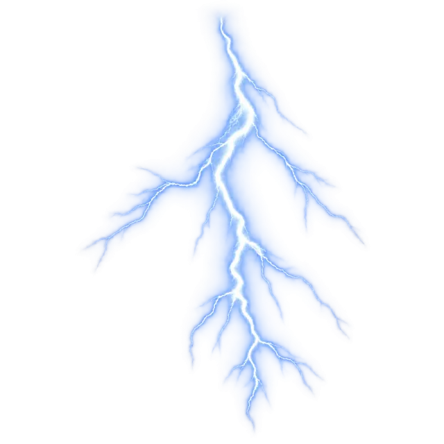 Long blue-white lightning strike with thin branching electric streaks