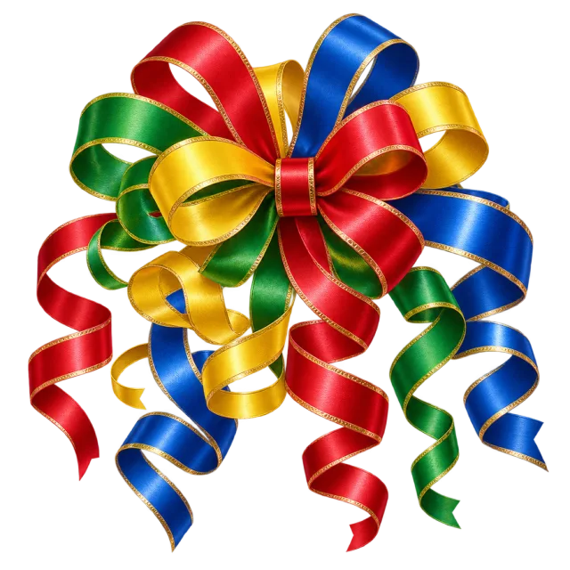Cluster of red, blue, green and gold ribbon loops with dangling spiral curls