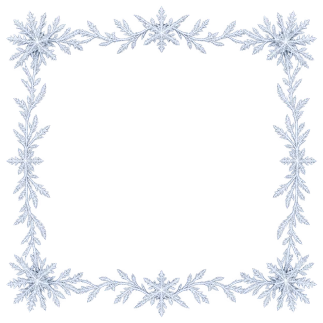 Delicate square border of pale icy branches and crystalline corner clusters