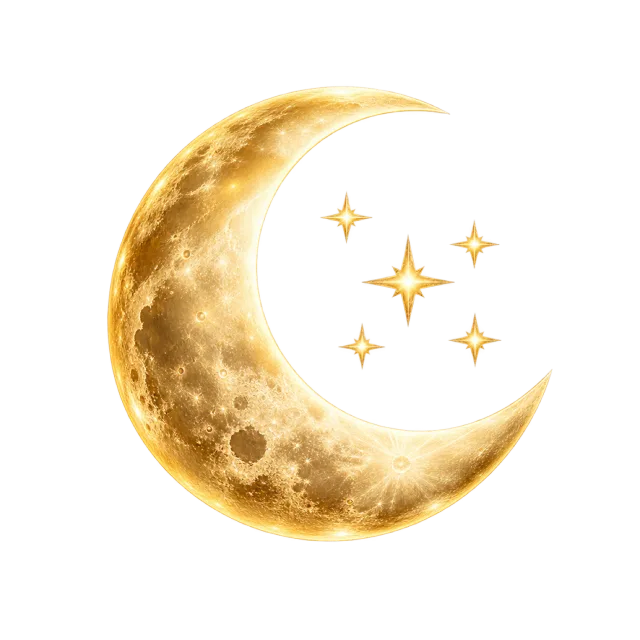 Golden crescent moon with cratered texture beside small four-point stars